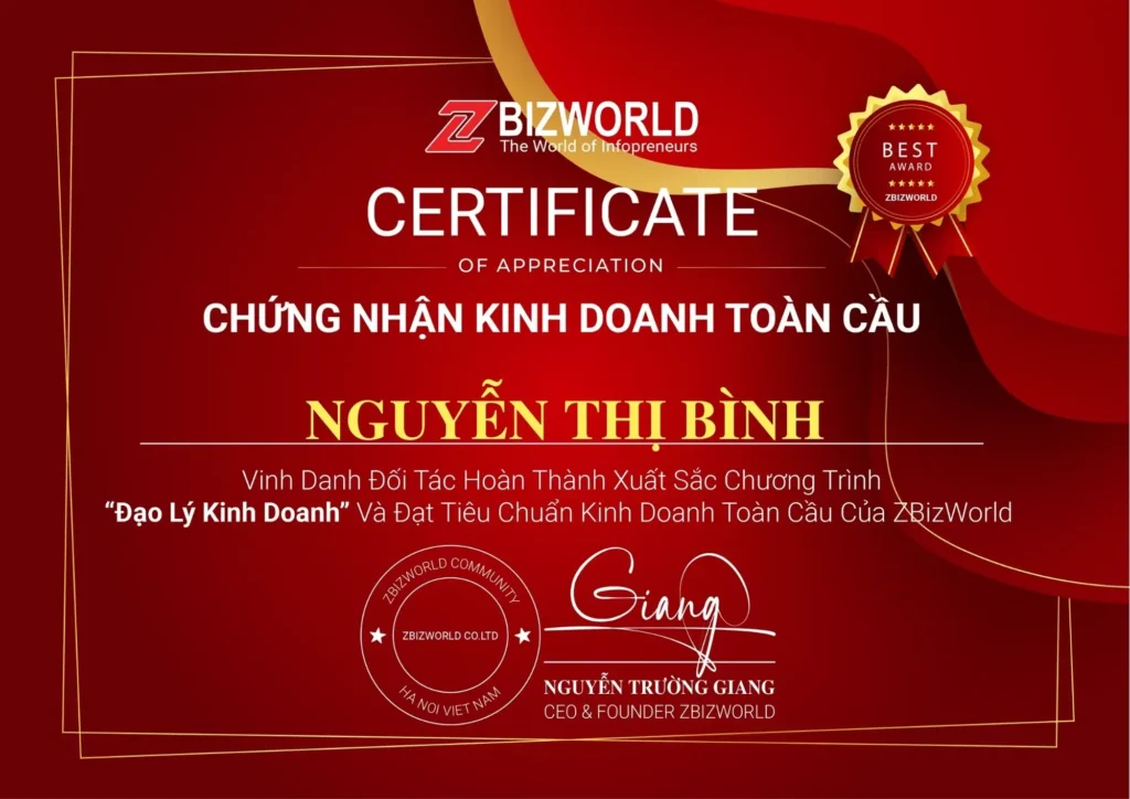 Chứng nhận Đạo Lý Kinh Doanh của Nguyễn Thị Bình