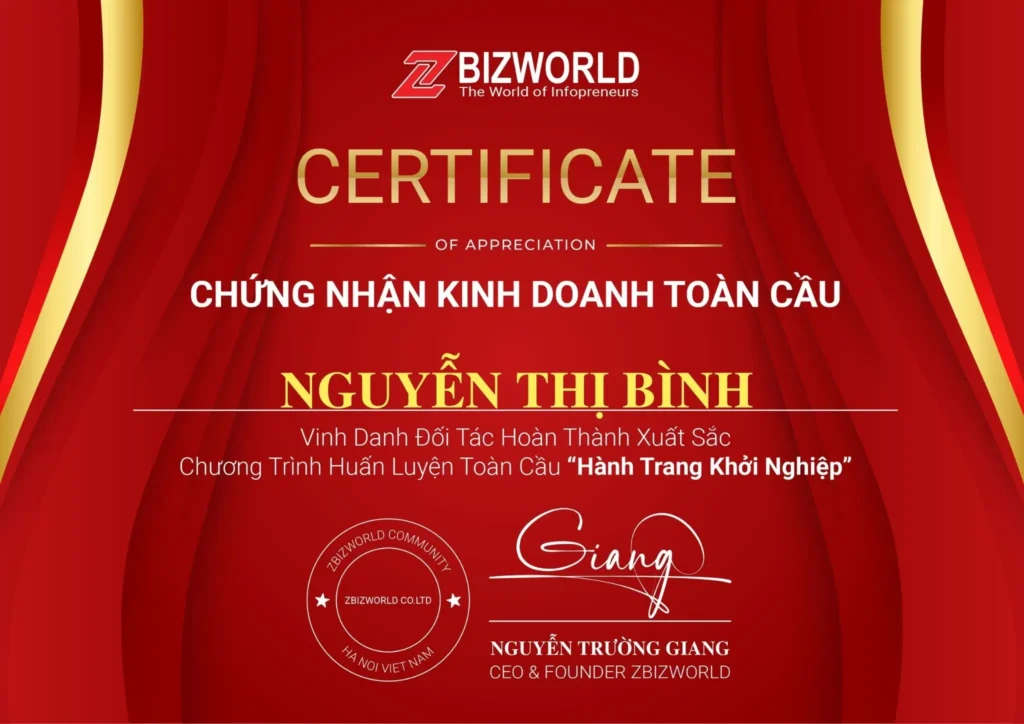 Chứng nhận Hành Trang Khởi Nghiệp của Nguyễn Thị Bình